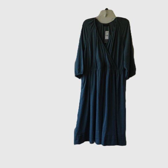 Lane Bryant Green puff sleeve midi dress size 20, tuck detail, lined Boho, NWT - Picture 1 of 16